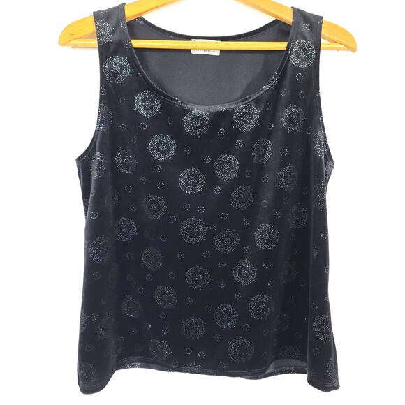 90s Vintage Delta Burke Black Velvet Tank Top with Rhinestone Design - Picture 1 of 6